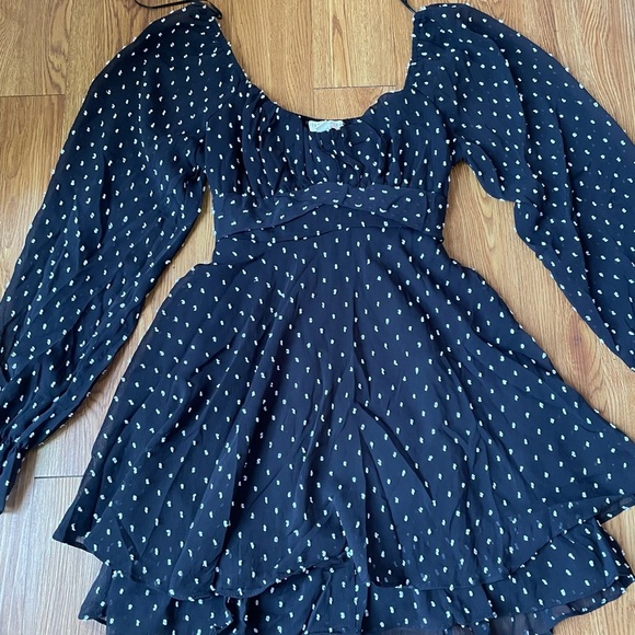 THIRTY/THIRTY LA Womens Fit & Flare Mini Long Sleeve Polka Dot Black Dress - Picture 2 of 10